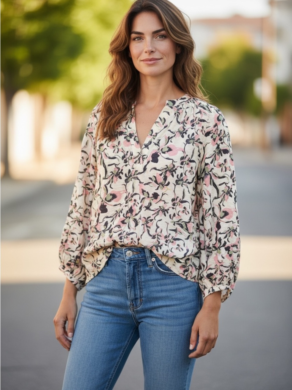 Caslon Pink Floral V-Neck Peasant Blouse